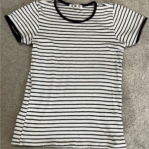 AMO Scoop Neck Striped Short Sleeve Top, Women’s Black Piping M Black & White